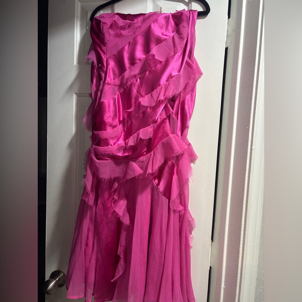 ASOS design hot pink tall satin bias ruffle one shoulder maxi dress in plum - Picture 3 of 3